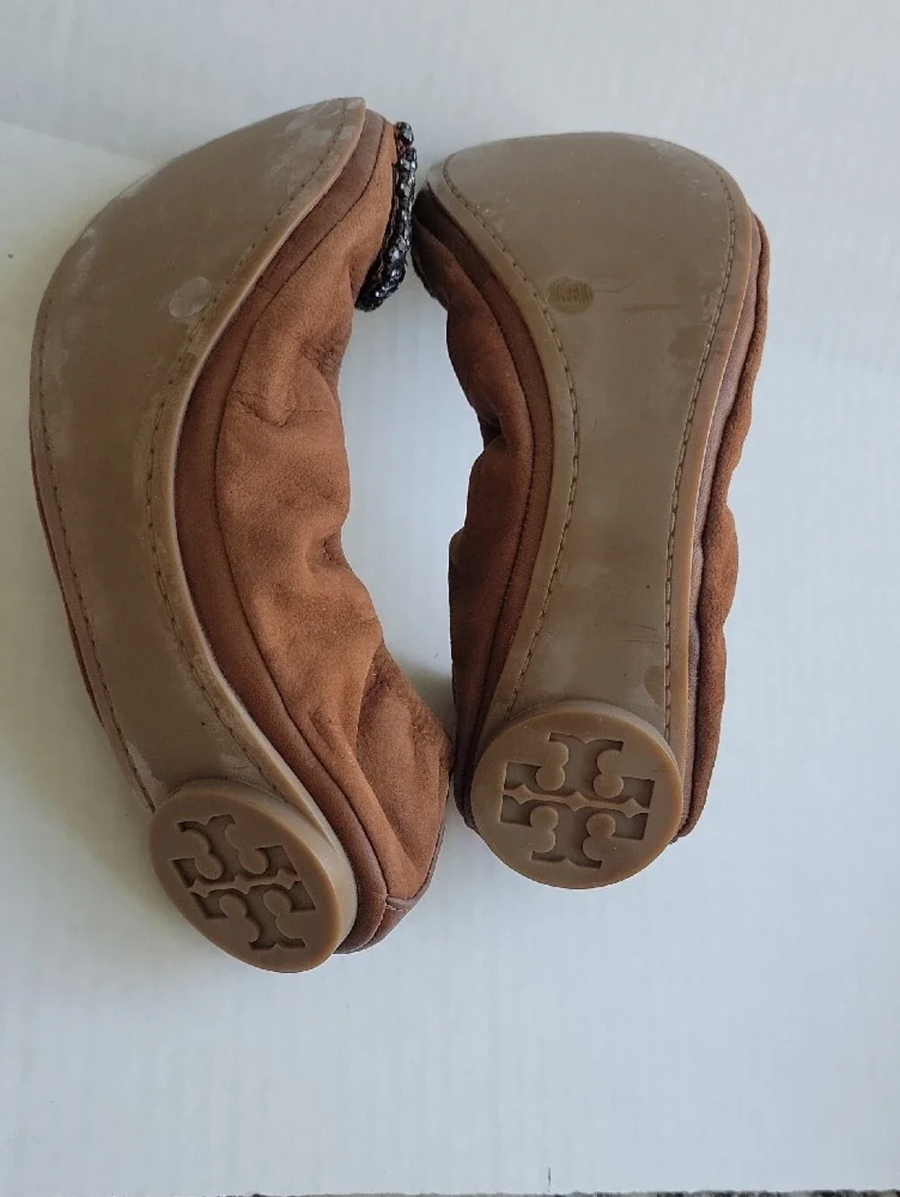 Tory Burch Brown Suede Ballet Flats with Crystal Bow